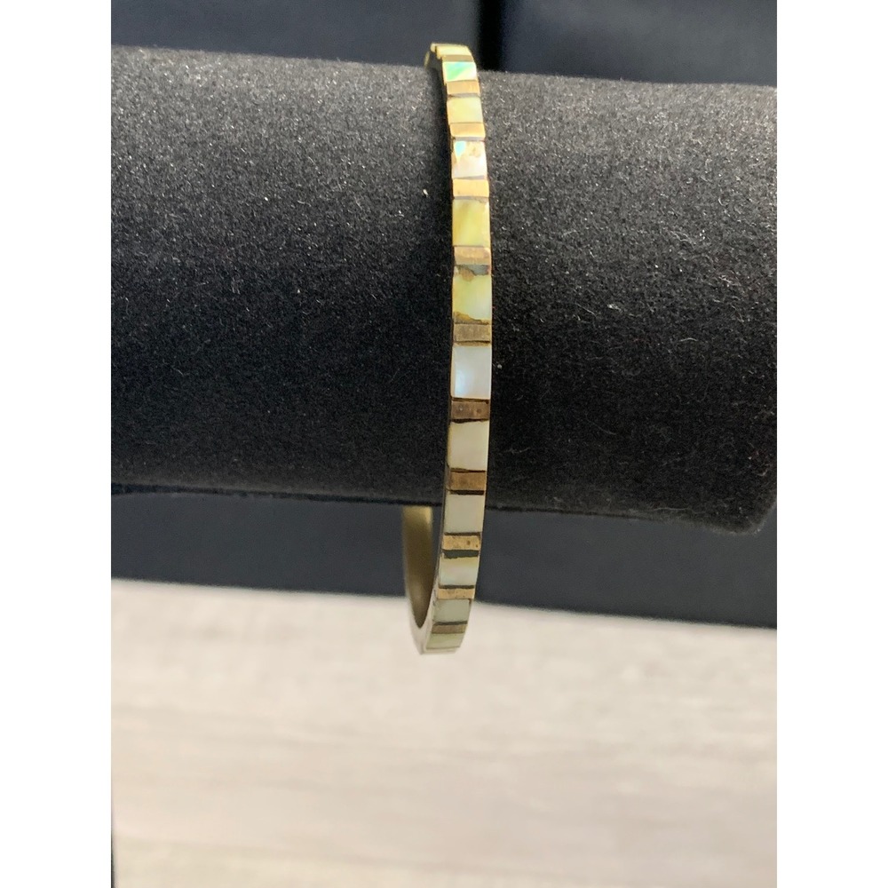 Vintage Brass Mother of Pearl Inlay Bangle Bracelet Gold Tone Shell 8.5 Inch
